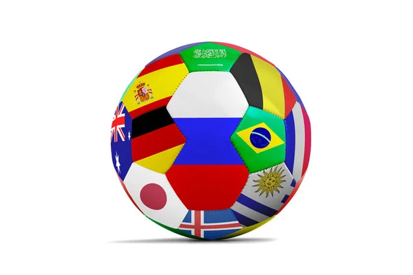 Ballon Football Isolé Avec Beaucoup Drapeau Sur Blanc — Photo