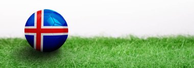 Panoramik yeşil çim beyaz arka plan üzerinde izole ve futbol topu bayraklı. İzlanda
