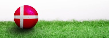 Panoramik yeşil çim beyaz arka plan üzerinde izole ve futbol topu bayraklı. Danimarka