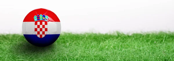 Panoramautsikt Över Grönt Gräs Isolerad Vit Bakgrund Och Flaggade Fotboll — Stockfoto