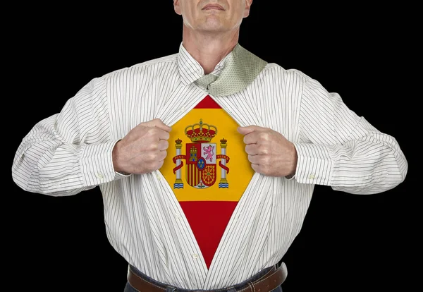 Businessman Showing Spain Flag Superhero Suit His Shirt Standing Black — Stock Photo, Image