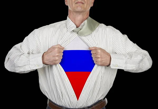 Zakenman Met Rusland Vlag Superheld Pak Onder Zijn Shirt Draagkracht — Stockfoto