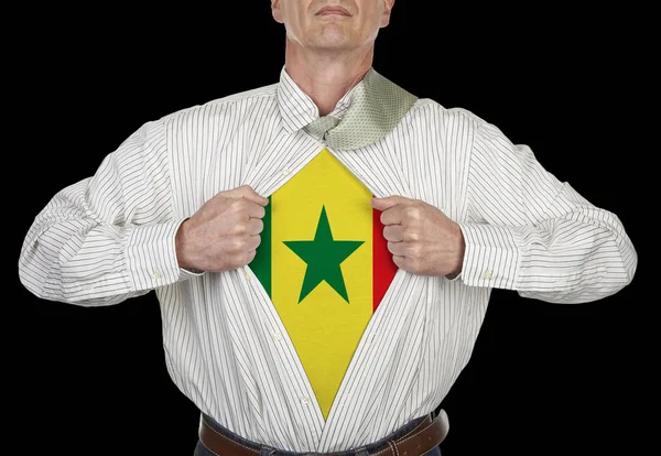 Businessman Showing Senegal Flag Superhero Suit His Shirt Standing Black — Stock Photo, Image