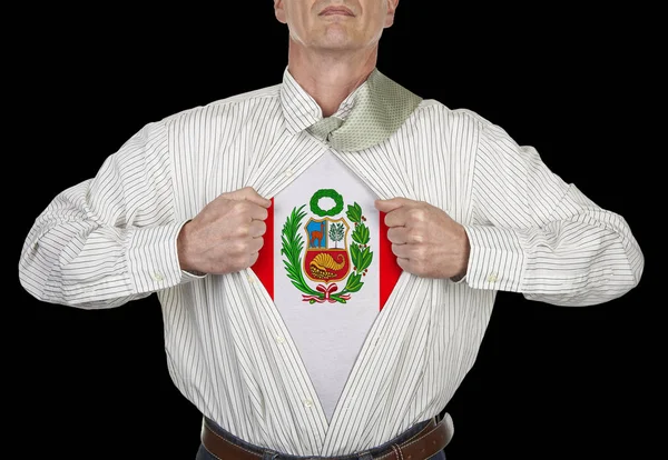 Businessman Showing Peru Flag Superhero Suit His Shirt Standing Black — Stock Photo, Image