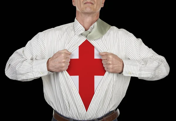 Uomo Affari Che Mostra Inghilterra Bandiera Tuta Supereroe Sotto Camicia — Foto Stock