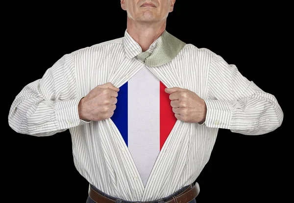 Uomo Affari Che Mostra Bandiera Della Francia Vestito Supereroe Sotto — Foto Stock