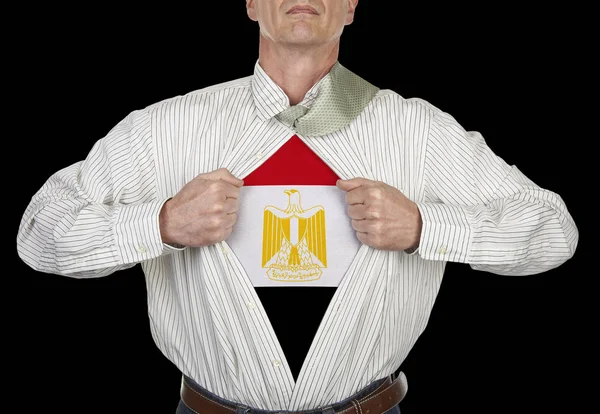 Homme Affaires Montrant Costume Super Héros Drapeau Égyptien Sous Chemise — Photo