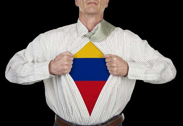 Kolumbia Zászló Szuperhős Öltönyt Alatt Ing Állandó Fekete Háttér Bemutatás — Stock Fotó