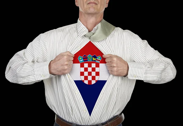 Businessman Showing Croatia Flag Superhero Suit His Shirt Standing Black — Stock Photo, Image