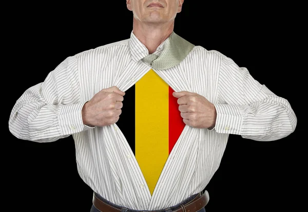 Businessman Showing Belgium Flag Superhero Suit His Shirt Standing Black — Stock Photo, Image