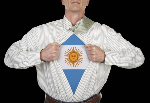 Businessman Showing Argentina Flag Superhero Suit His Shirt Standing Black — Stock Photo, Image