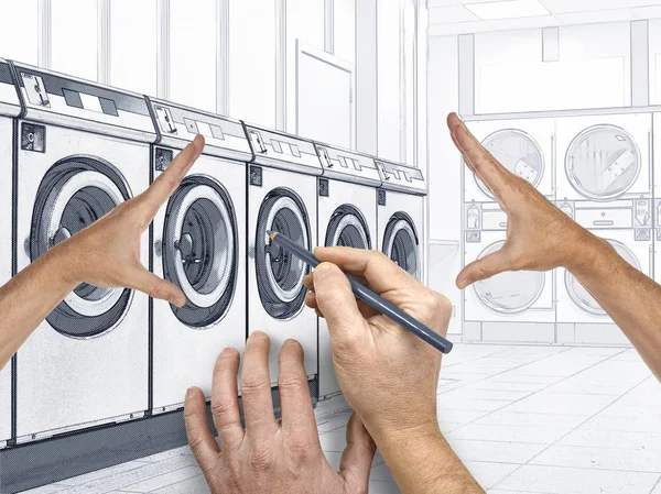 Skizze Einer Reihe Industrieller Waschmaschinen Einem Öffentlichen Waschsalon — Stockfoto