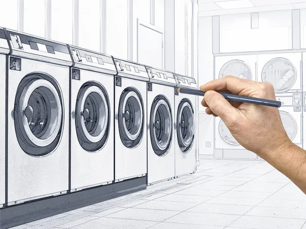 Skizze Einer Reihe Industrieller Waschmaschinen Einem Öffentlichen Waschsalon — Stockfoto