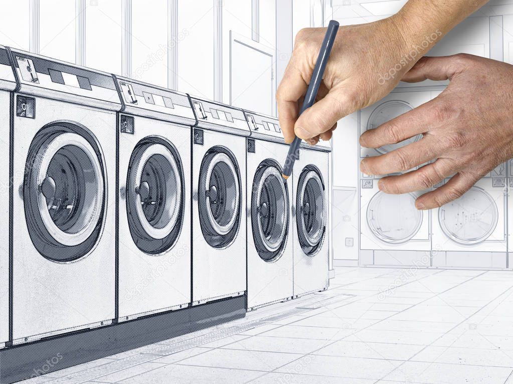 Sketch from A row of industrial washing machines in a public laundromat