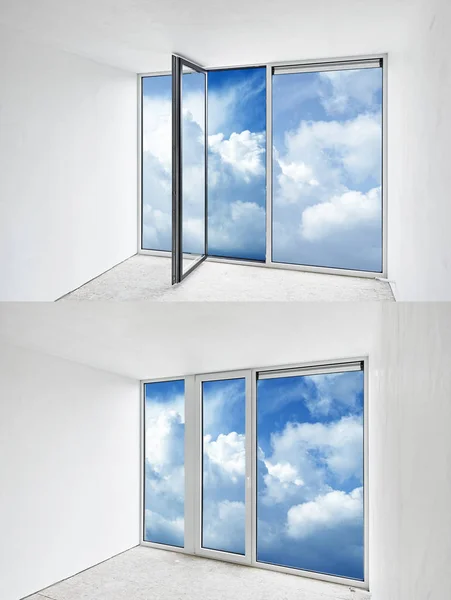 Üveg Ajtó Nyit Zárva Egy Felhős Kék — Stock Fotó