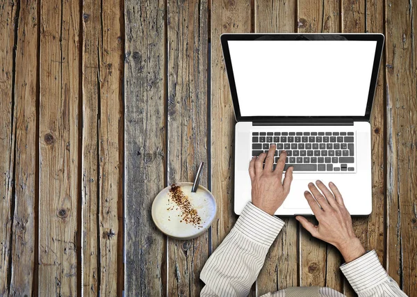 Businessman Wearing White Shirt Green Tie Working His Laptop Rustic — Stock Photo, Image