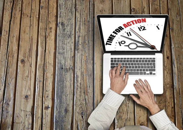 Businessman Working His Laptop Time Action Word Screen — Stock Photo, Image