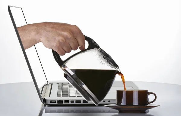 Laptop Man Hand Holding Pouring Coffee Brown Cup — Stock Photo, Image