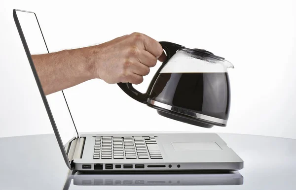 Laptop Man Hand Holding Pouring Coffee Brown Cup — Stock Photo, Image