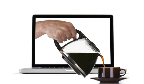 Laptop Man Hand Holding Pouring Coffee Brown Cup — Stock Photo, Image