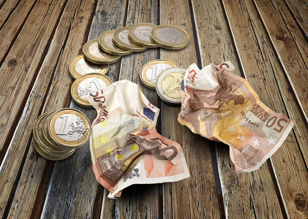 Euro Coins Bills Wooden Textured Table — Stock Photo, Image