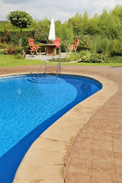 Water Swimming Pool Lush Garden Sunny Spring Day — Stock Photo, Image