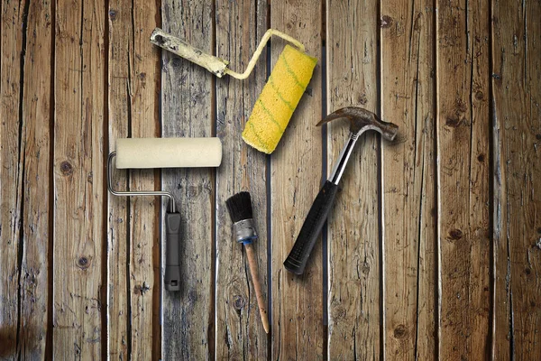 Set Work Tools Wooden Textured Table — Stock Photo, Image