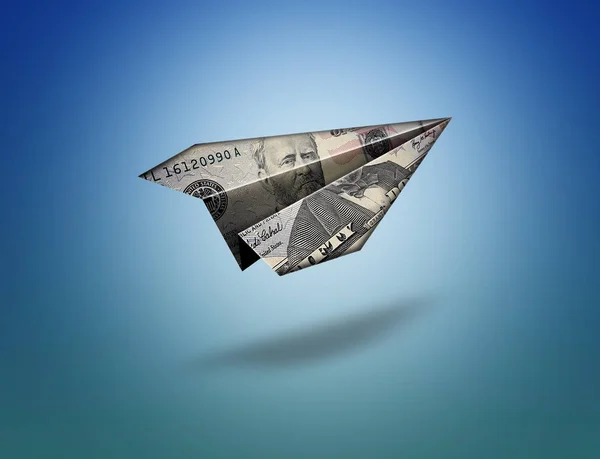 Vliegende Papier Vliegtuig Origami Met Usa Dollarbiljet Uitknippad Voor Het — Stockfoto