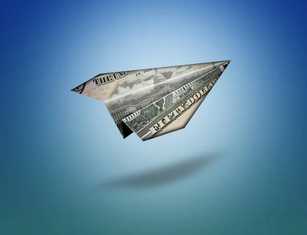 Vliegende Papier Vliegtuig Origami Met Usa Dollarbiljet Uitknippad Voor Het — Stockfoto