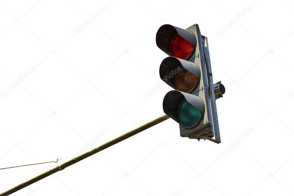 Red traffic light in the city isolated on white with clipping path
