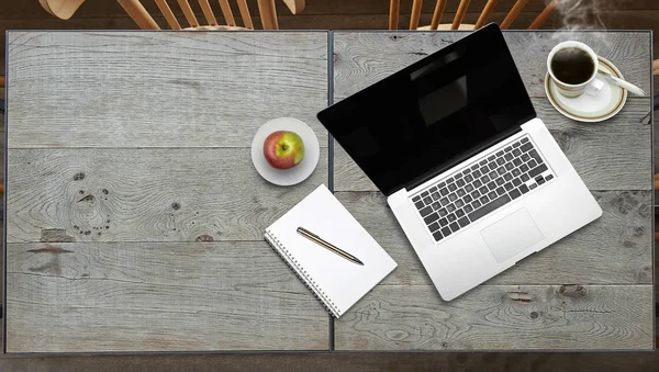 Két Tábla Étterem Bögre Kávét Apple Laptop — Stock Fotó
