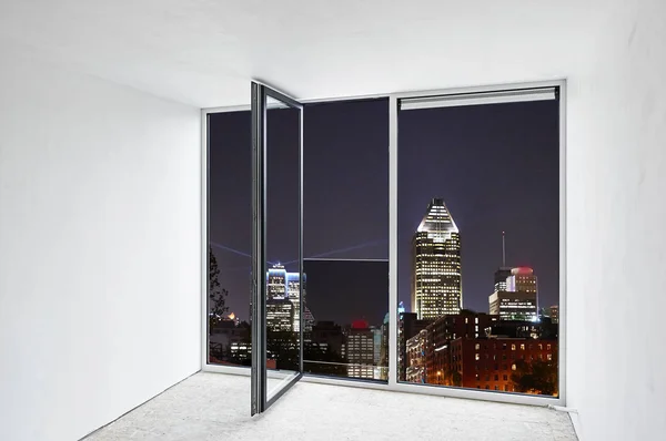 Porte Vitrée Ouverte Dans Appartement Rénové Vue Sur Les Lumières — Photo