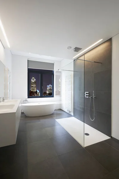 Bathtub Corian Faucet Shower Tiled Bathroom Windows Night City Lights — Stock Photo, Image
