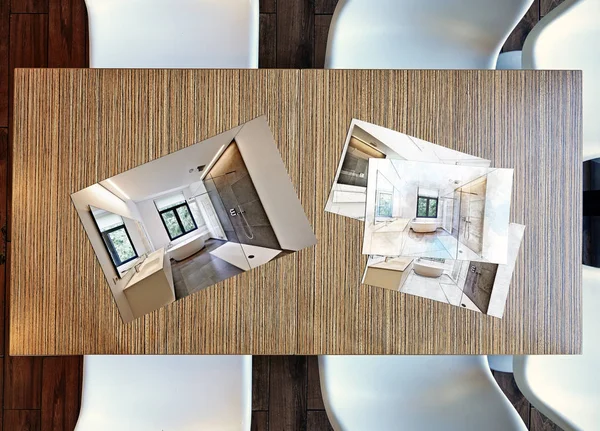 Felülnézet Corian Csaptelep Zuhany Csempézett Fürdőszobával Fából Készült Asztal Kád — Stock Fotó