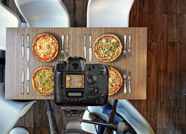 Photographer Taking Pictures Four Different Pizza Wooden Table — Stock Photo, Image