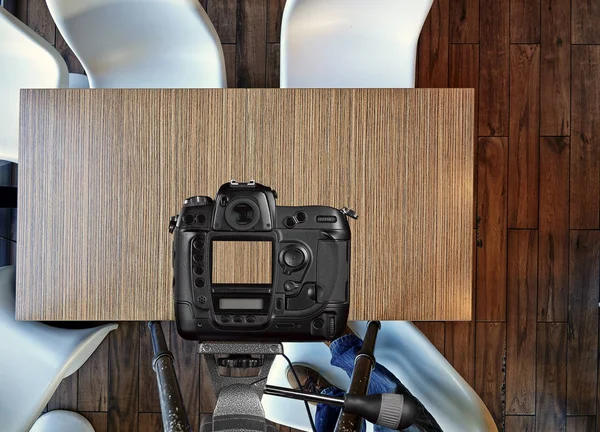 Photographer Taking Pictures Empty Wooden Table — Stock Photo, Image