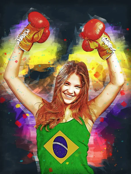 Success Woman Celebrating Her Succes Flag Brazil — Stock Photo, Image