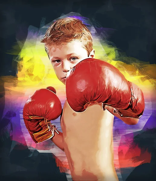 Digital Målning Söt Liten Pojke Med Boxningshandskar — Stockfoto