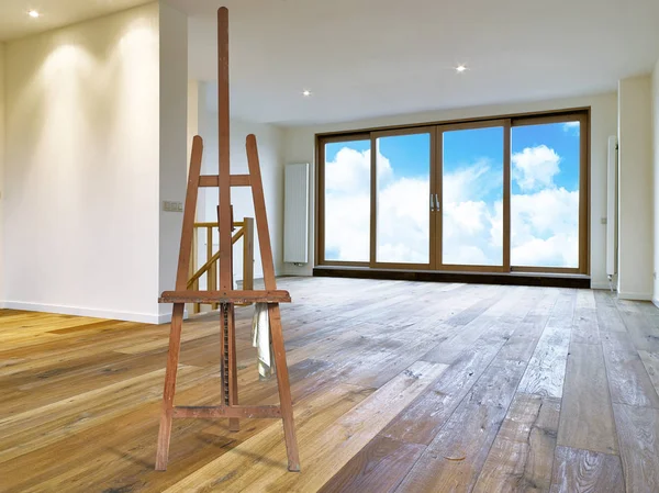 Cavalete Pintor Vazio Interior Moderno Com Piso Madeira — Fotografia de Stock