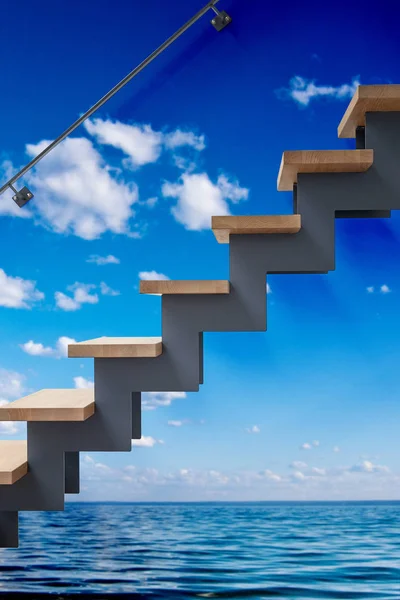 海壁のモダンなリビング ルームの木製階段 超現実主義的な概念 — ストック写真