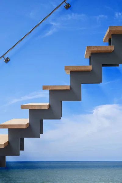 Hardwood Stairs Modern Living Room Ocean Wall Surrealist Concept — Stock Photo, Image