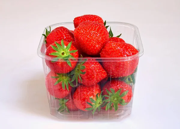 Plastikbox mit frischen Erdbeeren — Stockfoto