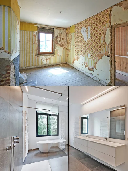 Renovering af et badeværelse Før og efter - Stock-foto