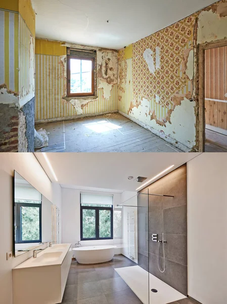 Remont łazienki przed i po — Zdjęcie stockowe