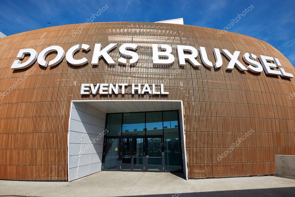 BRUSSELS, BELGIUM, 19 APRIL 2018: View on the logo from Docks Bruxsel Main Entrance Event Hall - New shopping district, in an area in full economic redeployment, a new quarter is hatching at schaerbeek, Brussels,Belgium