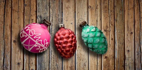 Three Old Xmass balls ornement on textured wooden wall — Stock Photo, Image