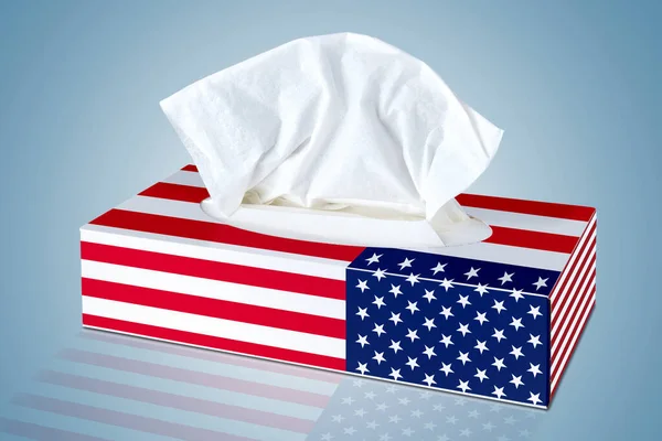 Pusta Tkanka Pudełka Tkanek Kosmetycznych Zilustrowana Flagą Amerykańską — Zdjęcie stockowe