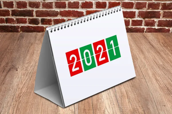 2021 Kalendář Dřevěném Stole Cihlové Zdi — Stock fotografie