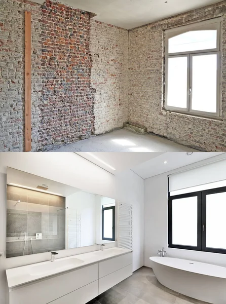 Renovação Banheiro Antes Depois Formato Horizontal — Fotografia de Stock