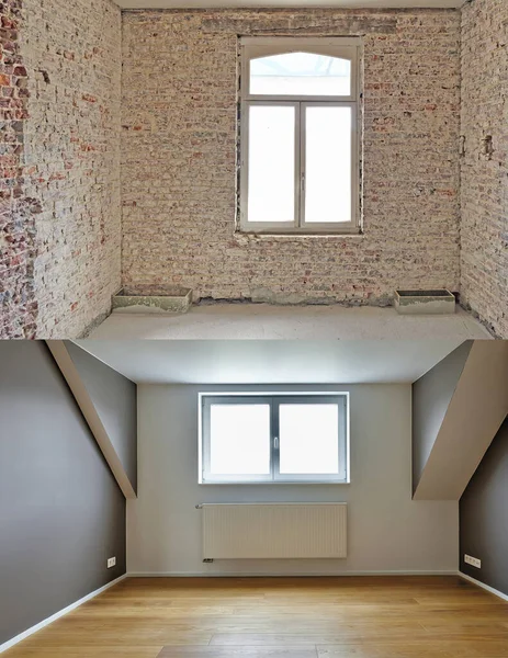 Nackte Rote Ziegelwand Vor Der Renovierung Und Home Interieur Mit — Stockfoto